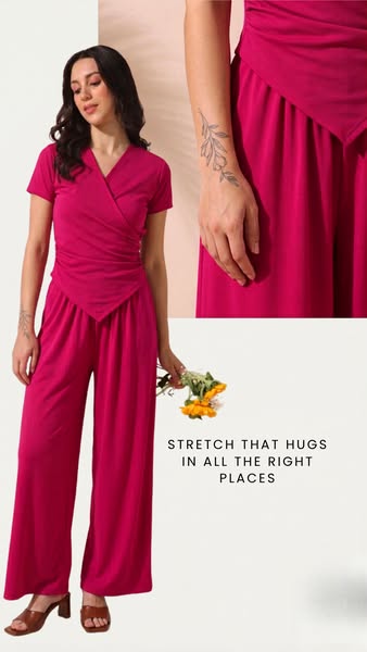 This ad features a woman wearing a bright pink matching set. The text overlay claims the set has a comfortable, hugging 