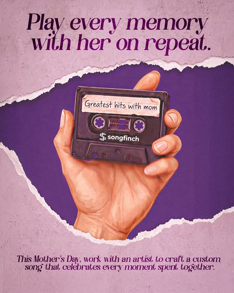 The image ad shows a hand holding a cassette tape. The cassette tape is labeled 'Greatest hits with mom' and is 
