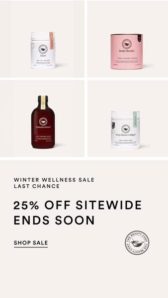 This image ad from The Beauty Chef promotes a winter wellness sale offering 25% off sitewide for a limited time. It feat