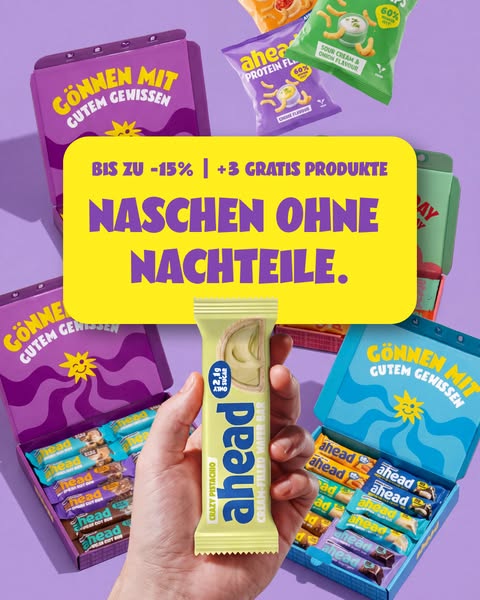 The ad showcases a variety of Ahead brand protein snacks, focusing on the 'Crazy Pistachio' cream-filled white b