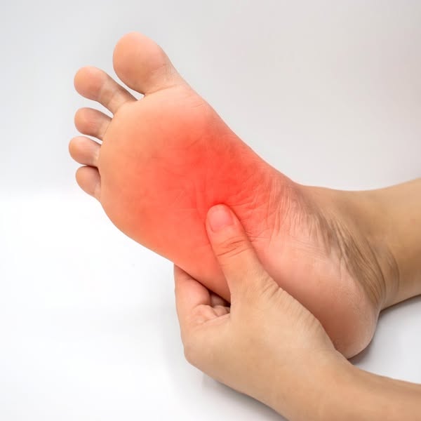 This image ad focuses on the pain point of foot pain, and intends to highlight a product that addresses this issue.