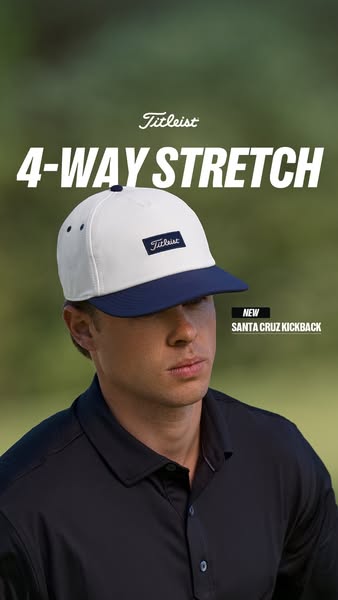 This ad features a close up shot of a man wearing the Titleist 4-way stretch Santa Cruz Kickback hat, emphasizing its co