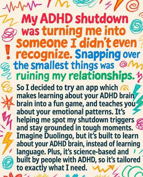 This ad is for an app designed to help people with ADHD learn about their brain and emotional patterns by turning the le