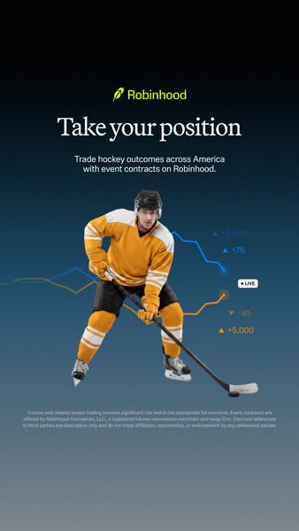 This ad promotes Robinhood's event contracts for hockey outcomes, featuring a hockey player against a blue backdrop 