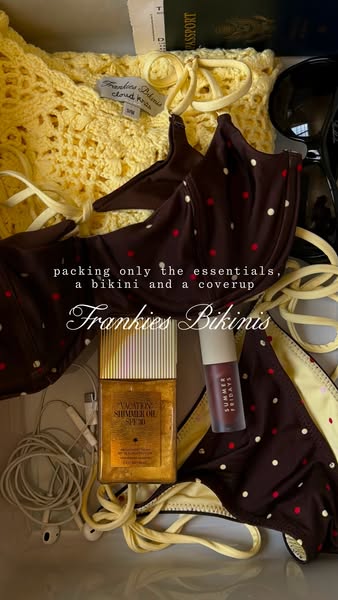 This ad showcases Frankie's Bikinis as the perfect essential for travel, featuring the brand's bikini and coveru