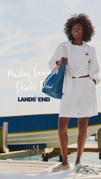 This ad features a woman on a dock with a boat in the background. She is wearing clothing from Lands' End and holdin