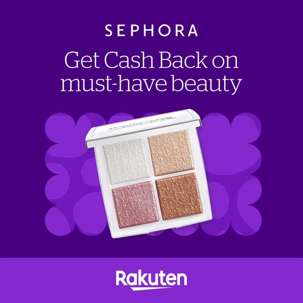 This image ad promotes a Dior highlighter palette available at Sephora, and offers a cashback reward through Rakuten.