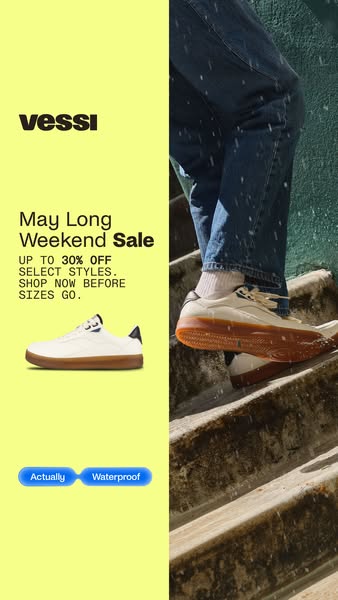 This image promotes a Vessi May Long Weekend Sale, highlighting the fact that select styles are up to 30% off. It shows 