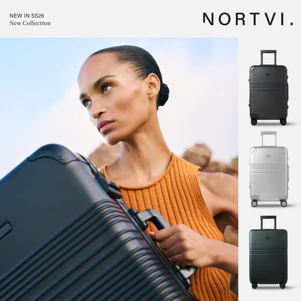 This ad showcases Nortvi brand luggage with a woman holding a piece of luggage. The ad includes multiple angles of the s