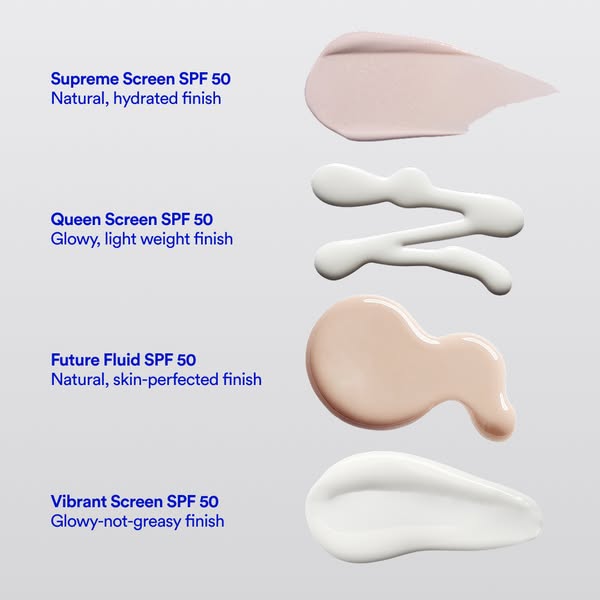 This ad is showcasing different sunscreens by Supergoop! and their different finishes. Each product is listed with a sma