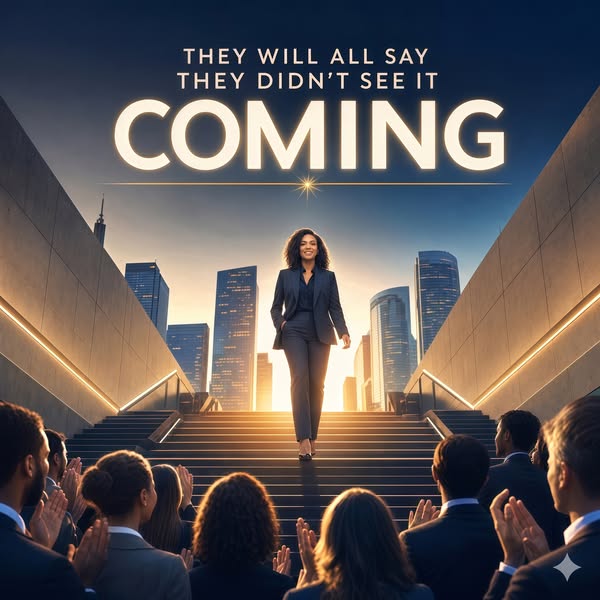 The ad shows a woman in business attire walking confidently up a flight of stairs as a crowd of people applaud her, sugg