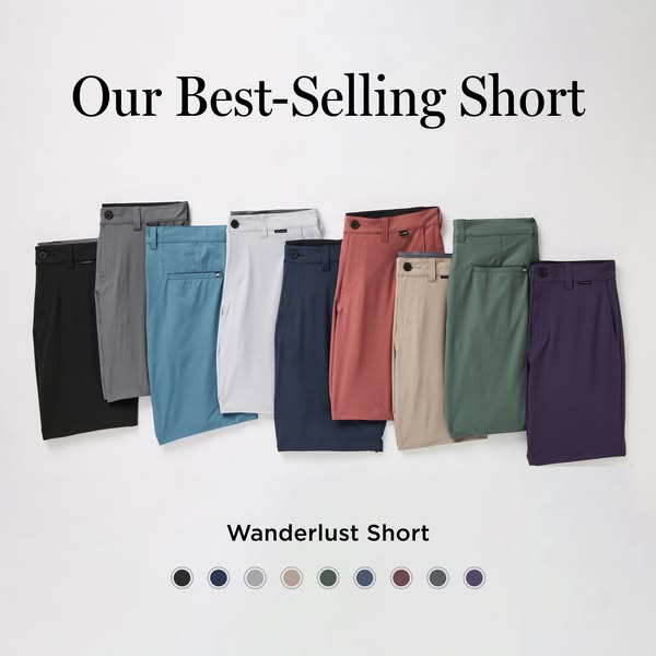 The ad showcases the "Wanderlust Short" in various colors, emphasizing its popularity as "Our Best-Sellin