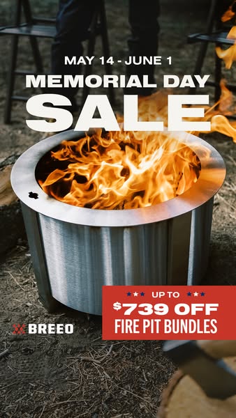 This ad promotes a Memorial Day sale for Breeo fire pit bundles.
