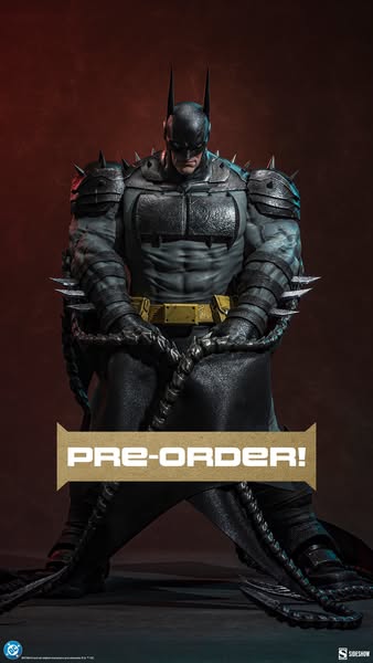 The ad features a stylized statue of Batman and prompts users to pre-order.