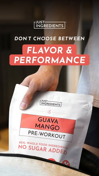 This ad features the Just Ingredients brand pre-workout powder. The advertisement highlights the product's focus on 