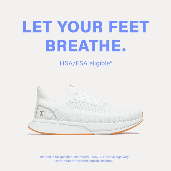 This ad for Truemed promotes breathable footwear that is HSA/FSA eligible for qualified customers.