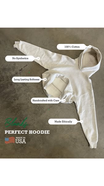 This is a flatlay ad showcasing a hoodie made of 100% cotton with no synthetics. The hoodie is presented on a textured b