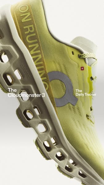 This ad showcases two On Running shoe models—the Cloudmonster 3 and the Daily Trainer—highlighting their unique features
