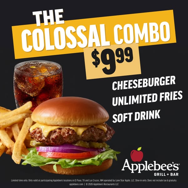 This image ad is for Applebee's promoting their colossal combo. The combo features a cheeseburger, unlimited fries,