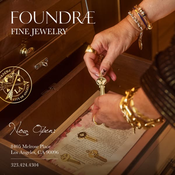 This ad promotes Foundrae fine jewelry, featuring images of the brand's key pendant as well as the brand's newly