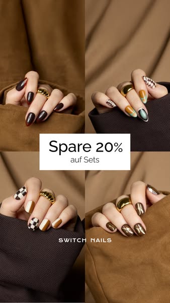 This ad for Switch Nails uses a grid layout of different styled nails on hands that are wearing gold rings. In the cente
