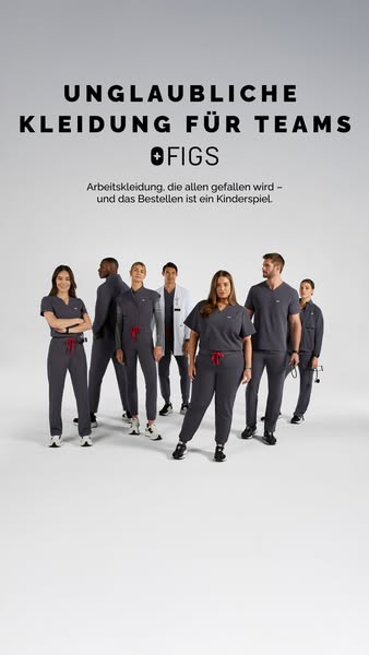 This ad promotes FIGS work clothing for teams, emphasizing the ease of ordering and the appeal of the clothing to everyo