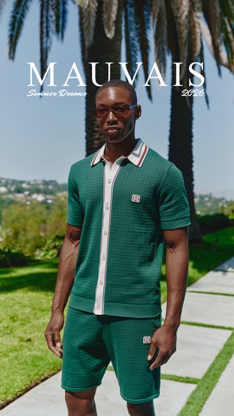 An outdoor product shot depicts a male model wearing a matching knit polo and shorts set from Mauvais. The text overlay 