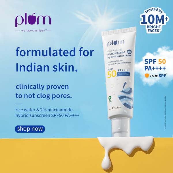 This image ad promotes Plum's rice water and 2% niacinamide hybrid sunscreen. The ad highlights that the product is 