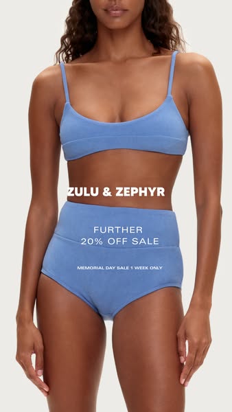 This image ad for Zulu & Zephyr features a woman wearing a blue bikini and promotes a limited time 20% off sale for 