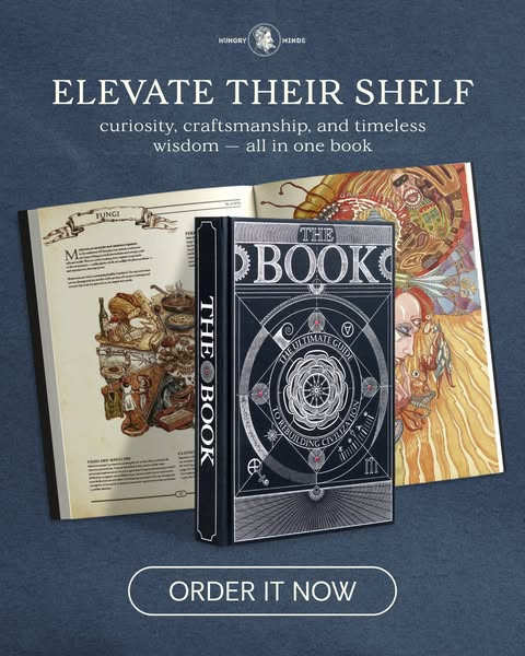 This image ad for Hungry Minds features the book 'The Ultimate Guide to Rebuilding Civilization', an offering th
