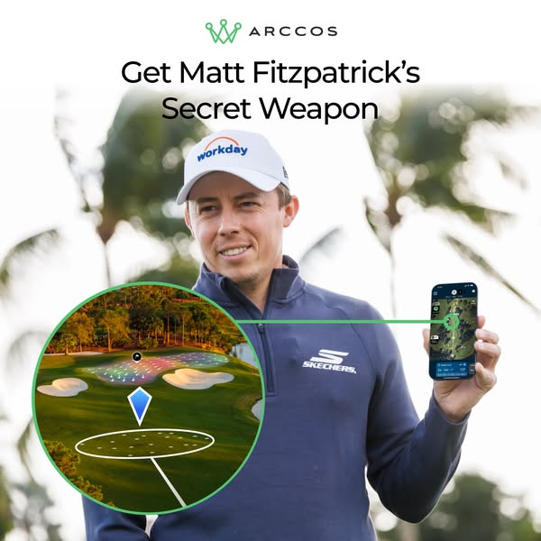 An image ad featuring Matt Fitzpatrick holding a smartphone that shows the Arccos app. The ad promotes Arccos as Fitzpat