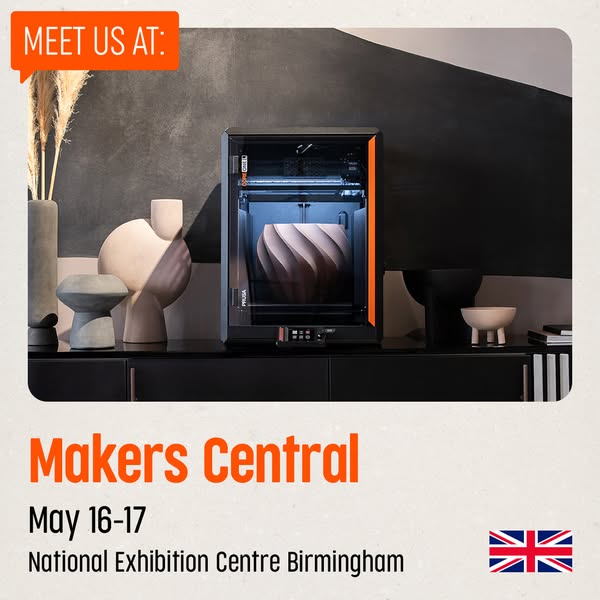 This ad promotes an upcoming Makers Central event in Birmingham, UK, and features a 3D printer with a product that it pr