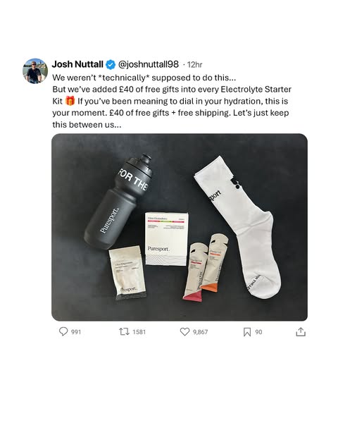 This ad is designed to look like a social media post about Puresport's Electrolyte Starter Kit. The post, which appe