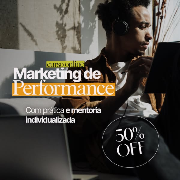 This image ad promotes an online course for performance marketing and highlights the benefits of practical application a
