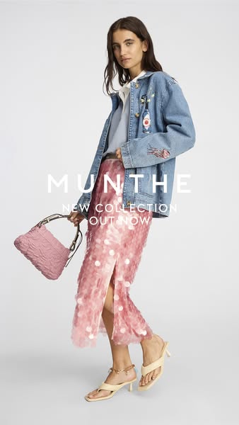 This ad from MUNTHE promotes their new collection with an image of a model wearing multiple pieces from the collection. 