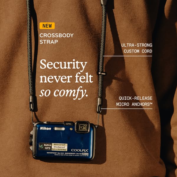 This ad is for a crossbody strap, focusing on its comfort, security, and strong components.
