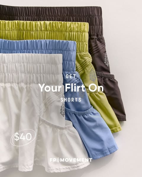 This image ad from FP Movement showcases a variety of their shorts and promotes a sale price of $40.