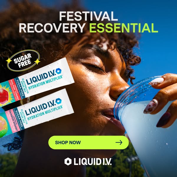 This ad for Liquid I.V. promotes it as a hydration multiplier that is a festival recovery essential.