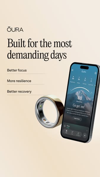 This image ad promotes the Ōura ring, a health tracking device, by highlighting its benefits for focus, resilience, and 