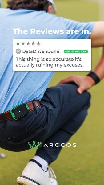 This ad features an Arccos golf performance tracking device. It includes a customer testimonial that speaks to the produ