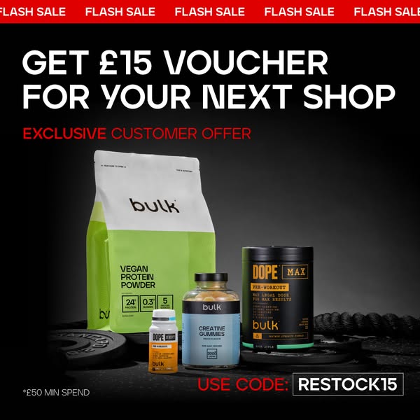 This ad features several Bulk brand nutritional supplement products including vegan protein powder, creatine gummies, an