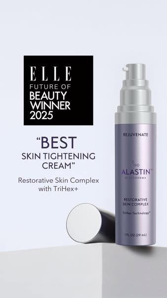 This ad promotes Alastin's Restorative Skin Complex as an award-winning skin tightening cream. It features the produ