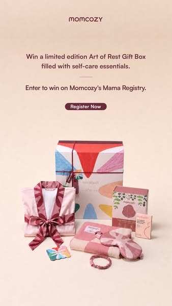 This image ad promotes a contest to win a limited-edition Art of Rest Gift Box from Momcozy. It prompts users to registe