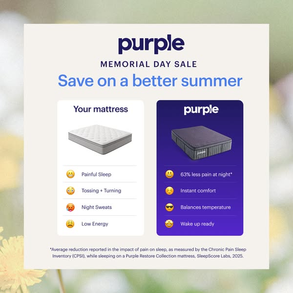 The ad showcases the benefits of Purple mattresses compared to a generic mattress, emphasizing pain relief, comfort, tem