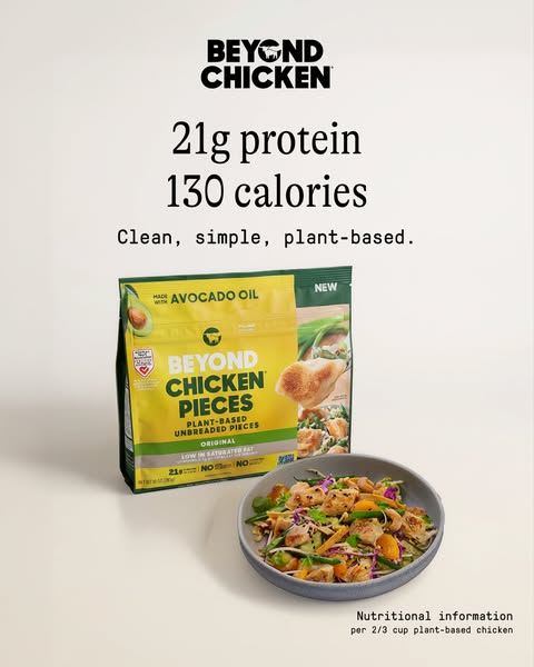 The ad for Beyond Chicken focuses on the health benefits of its plant based unbreaded chicken pieces. It highlights that