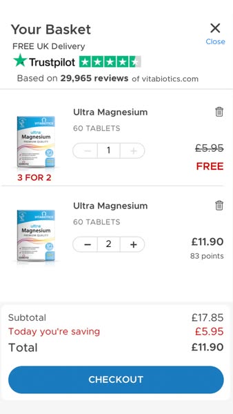 An ad featuring a screengrab of the Vitabiotics shopping basket with Ultra Magnesium to showcase the offer '3 FOR 2&