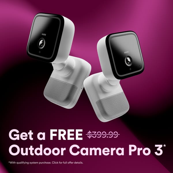 This ad promotes the Vivint Outdoor Camera Pro 3. It highlights the camera as a free offer with a qualifying system purc