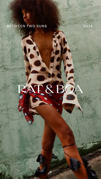 A fashion ad featuring a model wearing clothing from Rat & Boa's SS26 collection.