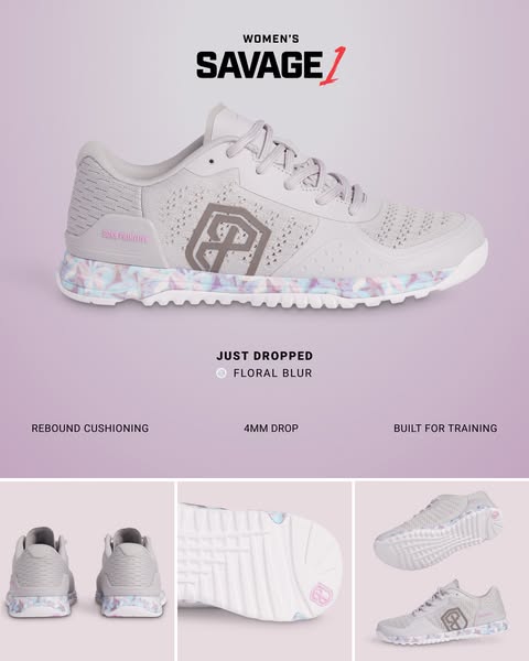 This is an ad for Savage 1 women's training shoes in the floral blur color. The shoe is shown from multiple angles,