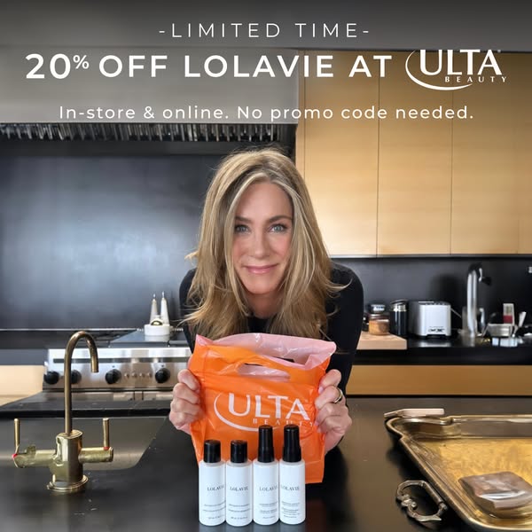Image ad featuring Jennifer Aniston promoting Lolavie products sold at Ulta Beauty with a limited time offer of 20% off.